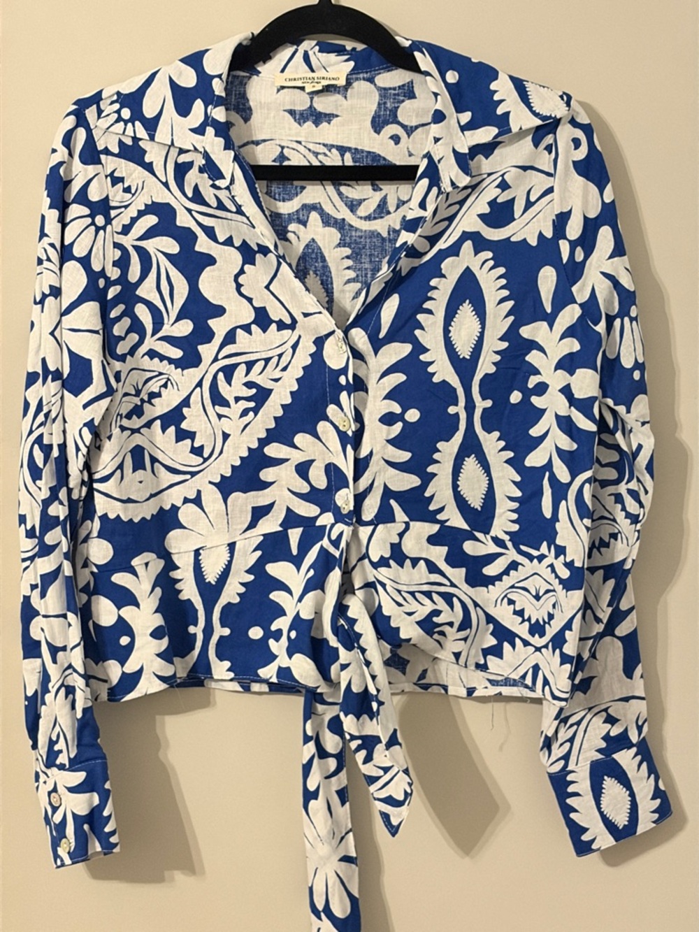 Christian Siriano Blue and White Tie-Front Button Down Shirt - Picture 1 of 5